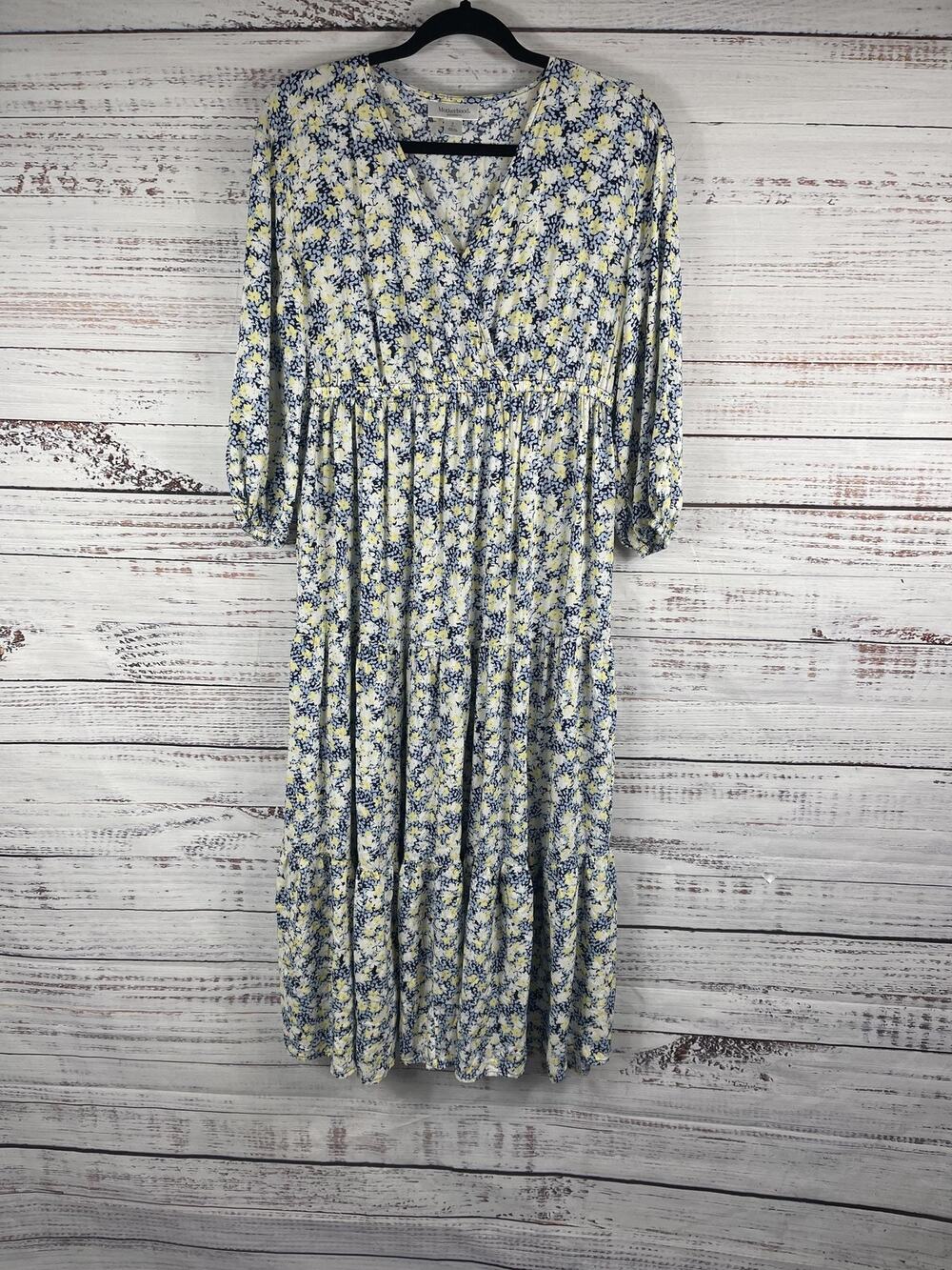 Motherhood Maternity Dress Women's SZ S Blue Yellow Floral Maxi 3/4 Sleeve Wrap
